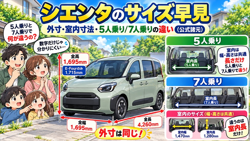 シエンタのサイズ早見|外寸・室内寸法・5人乗り/7人乗りの違い(公式諸元)