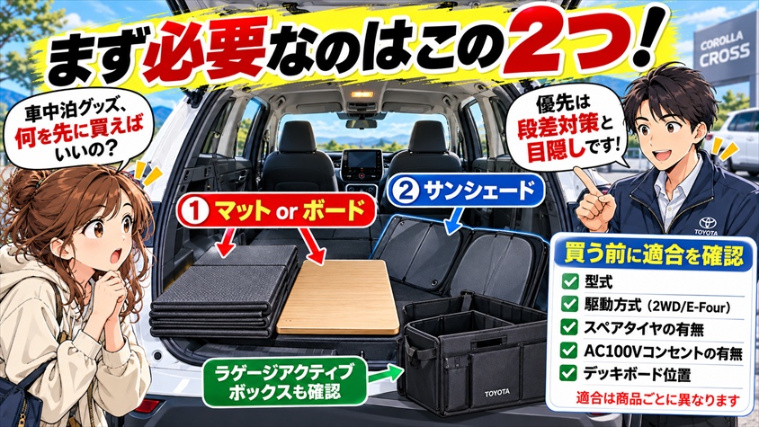 段差解消のマット・ボードとラゲージアクティブボックス、車中泊グッズは何が必要か