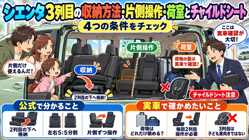 シエンタ3列目の収納方法・片側操作・荷室とチャイルドシート