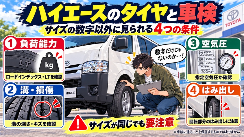 ハイエースのタイヤと車検|サイズの数字以外に見られる4つの条件
