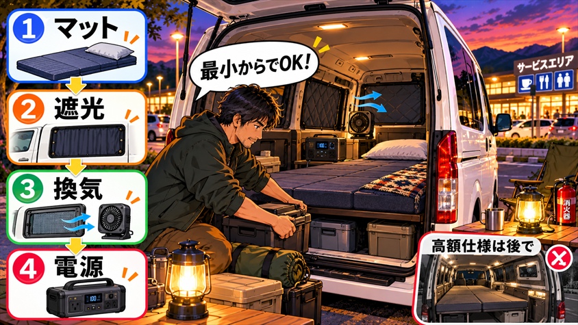 ハイエース車中泊の快適化・安全・購入判断|何から揃え、どこで泊まり、どこまで払うか