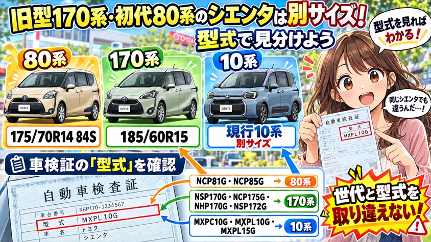 旧型170系・初代80系のシエンタは純正タイヤが別サイズ｜世代と型式を取り違えない見分け方