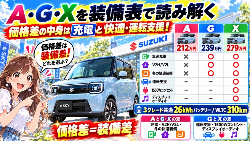 A・G・Xを装備表で読み解く｜価格差の中身は「充電」と「快適・運転支援」