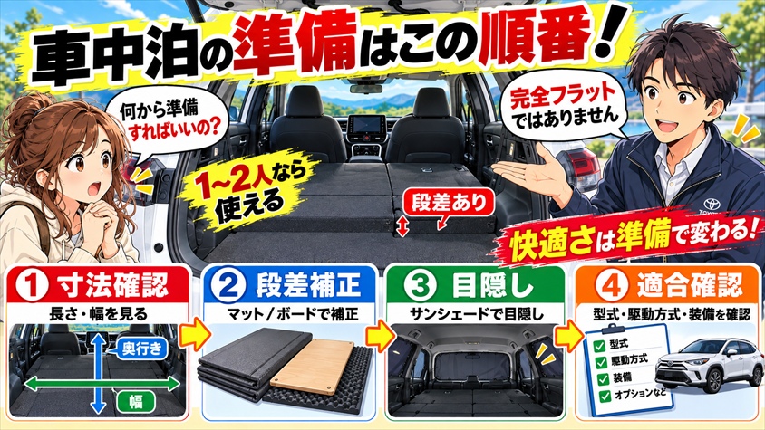 まとめ：カローラクロスの車中泊は「寸法確認→段差補正→目隠し→適合確認」の順で準備する