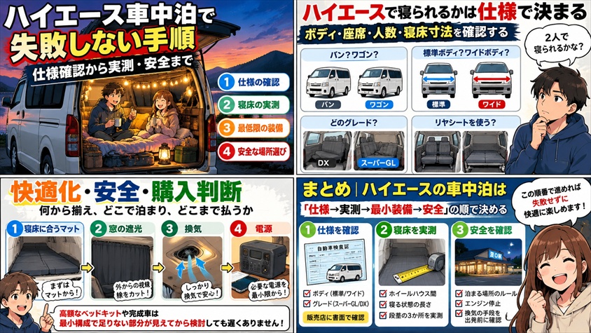 まとめ|ハイエースの車中泊は「仕様→実測→最小装備→安全」の順で決める