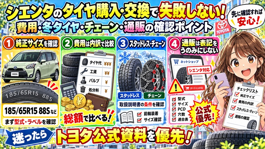 シエンタのタイヤ交換費用・スタッドレス・チェーン・通販購入で失敗しない確認ポイント