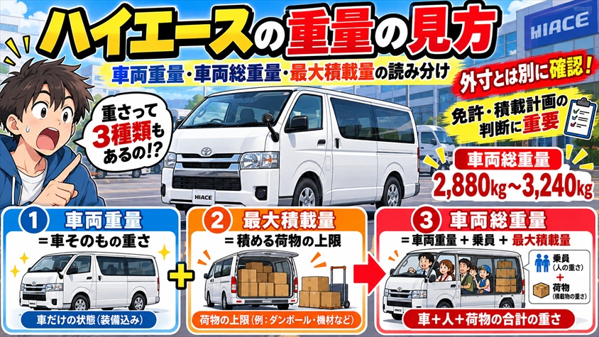 ハイエースの重量|車両重量・車両総重量・最大積載量の読み分け