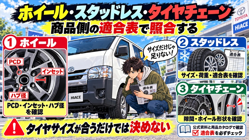 ハイエースのホイール・スタッドレス・タイヤチェーンは商品側の適合表で照合する