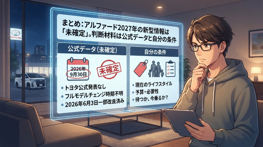 まとめ：アルファード2027年の新型情報は「未確定」。判断材料は公式データと自分の条件