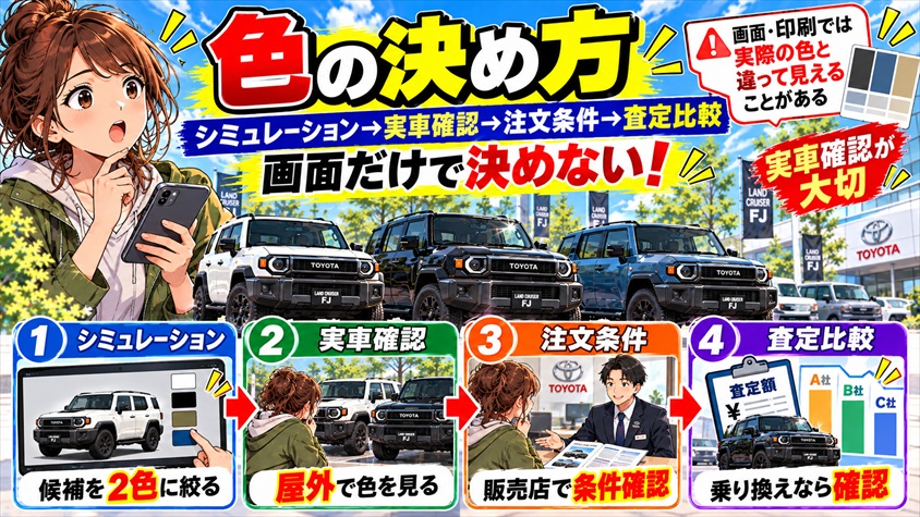 色の決め方：シミュレーション→実車確認→注文条件→査定比較