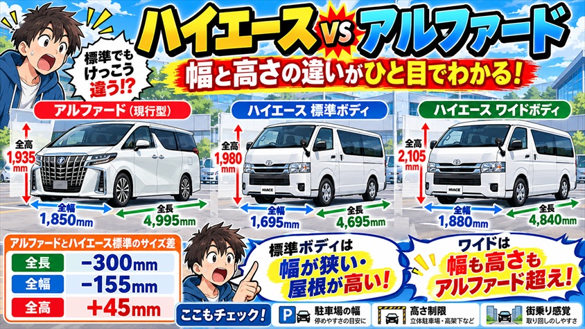 ハイエースとアルファードのサイズ比較|幅と高さの感覚をつかむ