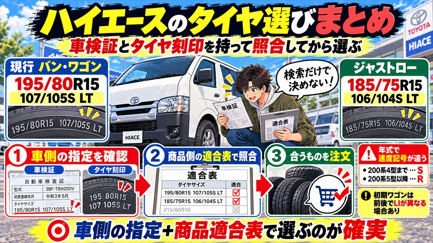 まとめ|ハイエースのタイヤは車検証とタイヤ刻印を持って照合してから選ぶ