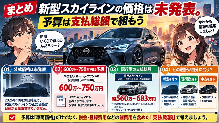 まとめ|新型スカイラインの価格は未発表。予算は支払総額で組もう
