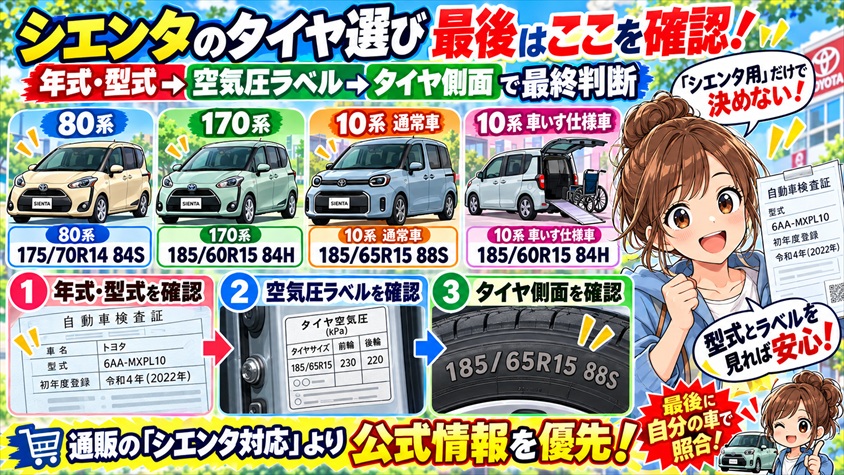 まとめ｜シエンタのタイヤは年式・型式を確認し、空気圧ラベルとタイヤ側面で最終判断する