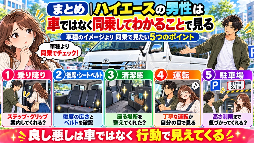 まとめ|ハイエースの男性は車ではなく同乗してわかることで見る