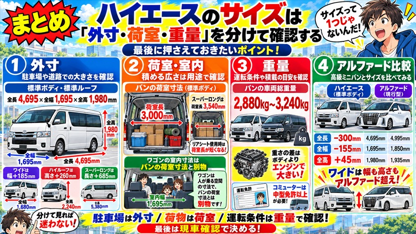 まとめ|ハイエースのサイズは「外寸・荷室・重量」を分けて確認する