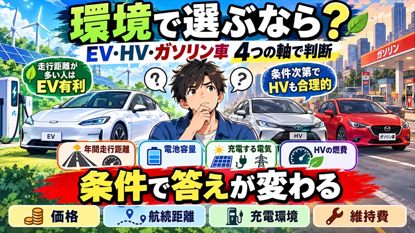 環境面から選ぶEV・HV・ガソリン車：自分の条件で判断する4つの軸