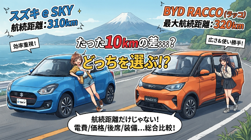 【比較】スズキ eスカイとBYD ラッコ｜310kmと320kmでも電費は約2割差