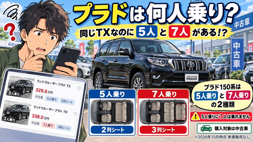 プラドは何人乗り?5人乗りと7人乗りの違いとグレード別の定員を解説