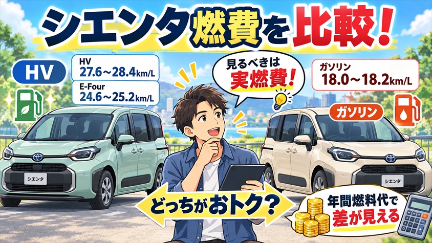 【公式値と実燃費】シエンタ燃費をHV・ガソリン別に一覧で比較する