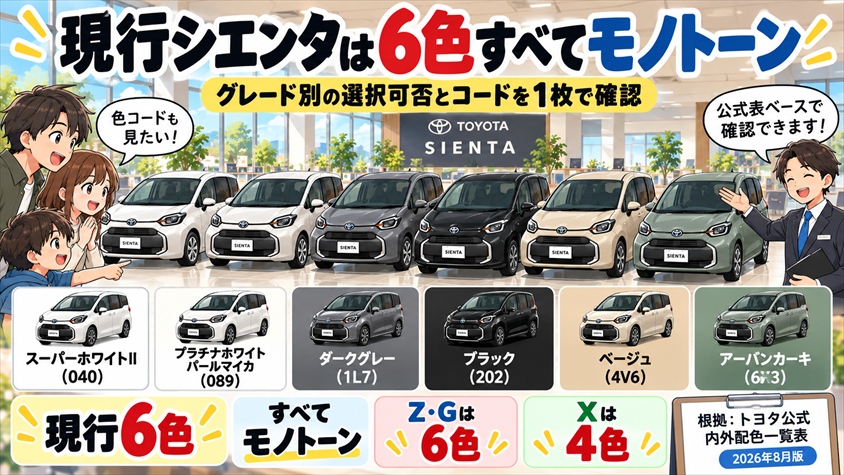 現行シエンタは6色すべてモノトーン|グレード別の選択可否とコードを1枚で確認