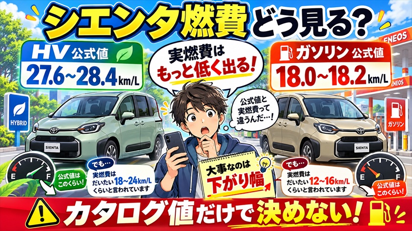 シエンタの燃費は何km/L?HV 27.6〜28.4・ガソリン18.0〜18.2km/Lの公式値と、実燃費の見方