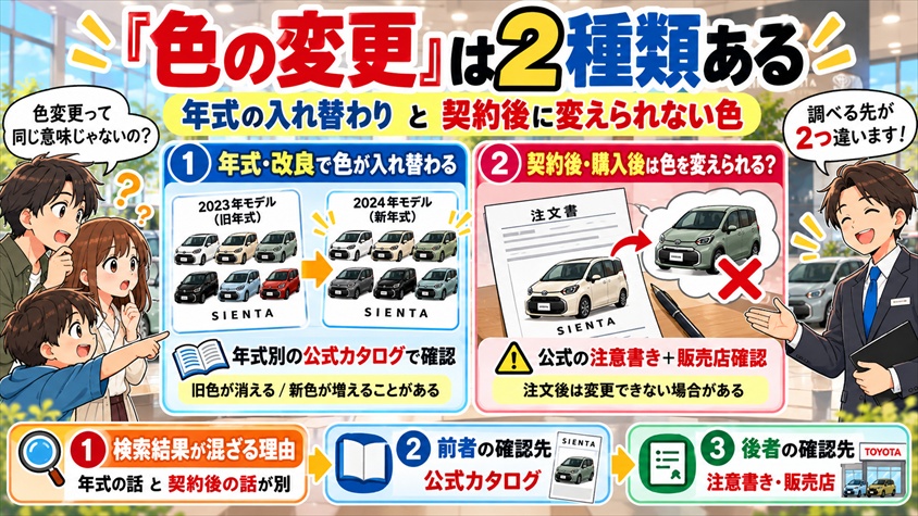 「色の変更」は2種類ある|年式の入れ替わりと、契約後に変えられない色