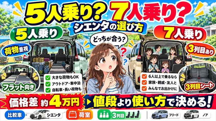 シエンタ5人乗りと7人乗りの違いと選び方|荷室・3列目・価格差・比較車
