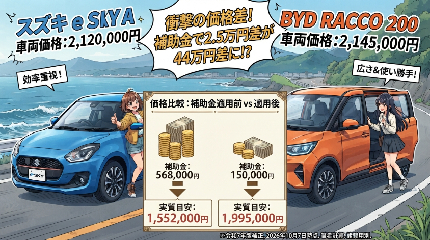 e SKYとRACCOの価格は、補助金を引くと2.5万円差が約44万円差になる