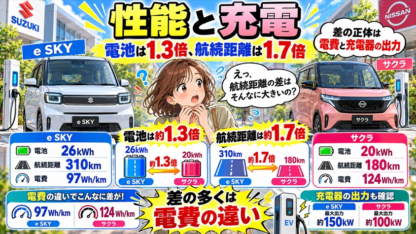 性能と充電――電池は1.3倍、航続距離は1.7倍。差の正体は電費と充電器の出力
