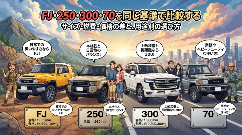 FJ・250・300・70を同じ基準で比較する。サイズ・燃費・価格の差と、用途別の選び方