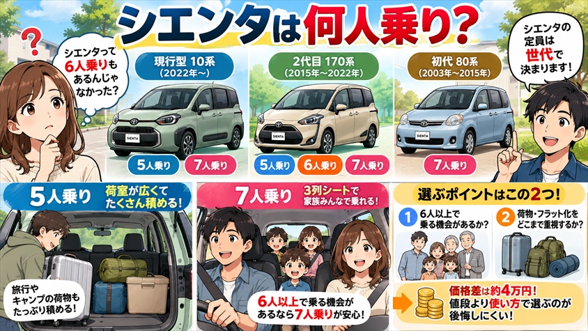 まとめ|シエンタの定員は現行5人・7人。普段の人数と荷物で選ぶ