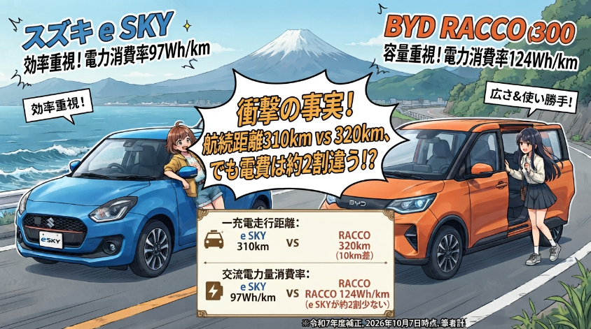航続距離は10km差でも、電費はe SKYがRACCOより約2割少ない
