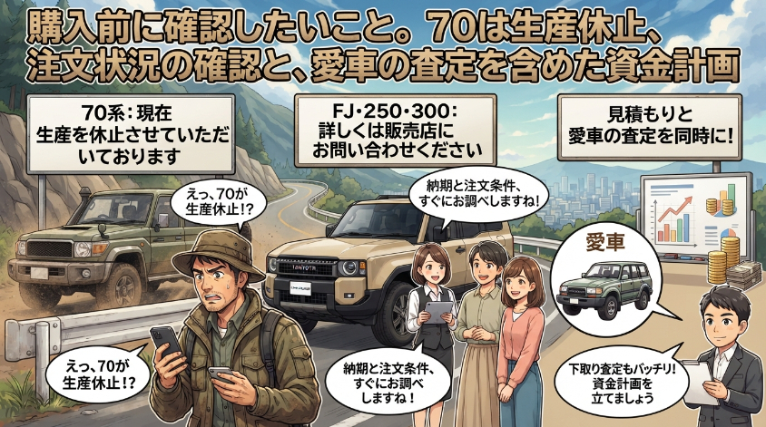 購入前に確認したいこと。70は生産休止、注文状況の確認と、愛車の査定を含めた資金計画