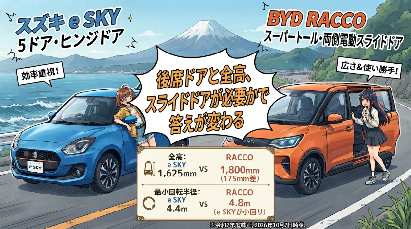 後席ドアと全高、取り回し:スライドドアが必要かで答えが変わる