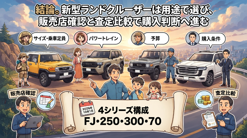 結論。新型ランドクルーザーは用途で選び、販売店確認と査定比較で購入判断へ進む